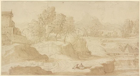 Paysage figuratif, à droite une rivière avec un pont près de moulins, devant deux figures assises