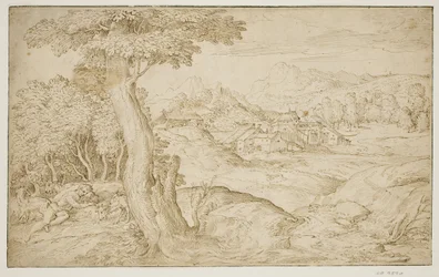 Paysage avec une ville et un berger endormi