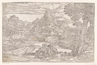 Paysage avec couple et une vielle à roue