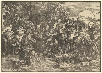 Marie assise sous les arbres avec bébé, flanquée de Joseph à gauche et de Saint Jérôme à droite, 1517