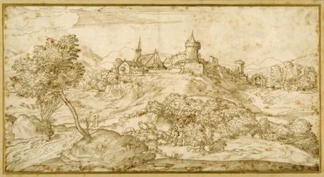 Paysage montagneux avec une ville fortifiée sur une colline : un berger accosté alors qu