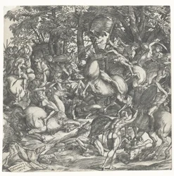 Hommes nus avec des lances à cheval en combat