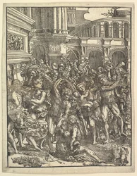 Le Massacre des Innocents côté droit avec un groupe de figures masculines attaquant des femmes et..., 1517