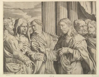 Le paiement du tribut : Christ au centre droit faisant un geste vers un homme à sa gauche avec des pièces de monnaie, vers 1564-89