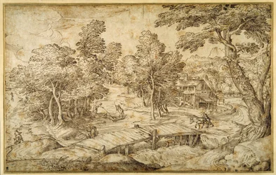 Paysage boisé avec une ferme et un pont en bois sur une écluse