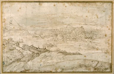 Paysage boisé avec une rivière sinueuse; au loin une ville, un mélange de flèches et de dômes avec des ruines antiques