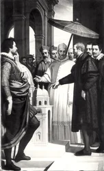 Michel-Ange (1475-1564) présentant un modèle du dôme de Saint-Pierre au pape Paul IV (1476-1559)