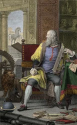 Représentation du peintre et sculpteur Léonard de Vinci (Leonardo da Vinci) (1452-1519) dans son atelier. Gravure de Domenico Cunego (1726-1803)