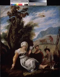 "Adam et Eve" Adam travaillant aux champs et le soir leurs deux enfants Abel et Caïn