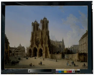 La cathédrale Notre-Dame de Reims avec une procession de communiants