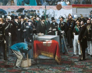 La pose de la première pierre de la Galleria Vittorio Emanuele à Milan (détail)