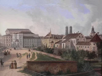 French : La résidence royale vue du nord-est en 1827 The Royal Residence in Munich from the North East in 1827