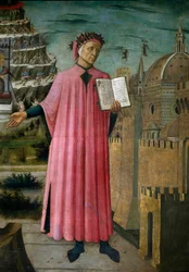 Le poète italien Dante Alighieri (1265-1321) présente son œuvre La Divine Comédie. Détail. Fresque de Domenico di Michelino (1417-1491), Cathédrale Santa Maria del Fiore, Florence. (Duomo, Florence) Italie