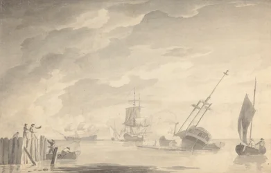 Scène de bataille, trois cuirassés, un en train de couler; figures à gauche dans une barque et sur une jetée
