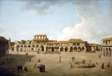 Place de La Havane (Cuba), août et septembre 1762, sous occupation britannique avec une troupe de soldats en uniformes rouges, description des bâtiments et quelques marins anglais près de la fontaine