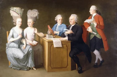 Portrait de groupe de Monsieur Le Roy, avec ses deux filles et deux fils, assis en longueur à une table, 1779