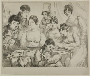 Conversation, une famille dessinant et lisant, la nourrice tenant un nourrisson, un portrait du prince Edmond de Beauvau derrière une chaise, et des portraits de Madame Lavallée et Madame Vallory, toutes deux assises