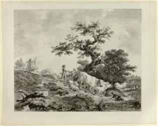 Paysage avec moulin à vent, jeune homme et jeune fille, et deux bœufs