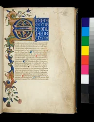 Pseudo-Cicéron, Rhetorica ad Herennium, et autres œuvres, initiale illuminée [E] et bordure partielle avec feuille d