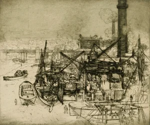 Cheminées et grues sur la Tamise