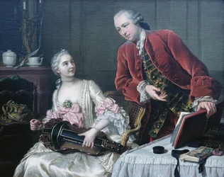 Portrait de Monsieur et Madame de Corcelles jouant de la musique dans un intérieur