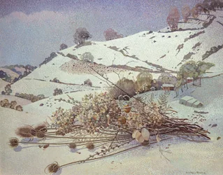 Paysage enneigé avec nature morte de fleurs séchées