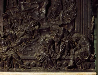 Adoration dans le jardin, détail de la chaire gauche, par Donatello (1386-1466), Basilique Saint Laurent, Florence, Italie