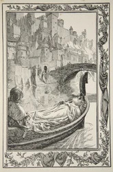 La barge flottait sur la rivière, illustration de 