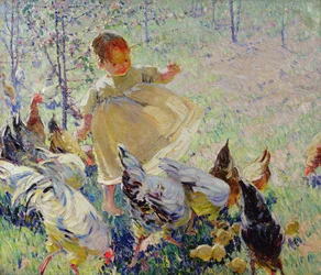 Nourrir les poules (huile sur toile)