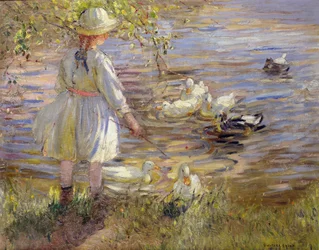 Nourrir les canards (huile sur toile)