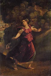 Une femme fuyant sur un chemin boisé, vers 1520