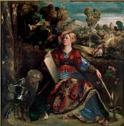 Circé la magicienne. La sorcière est représentée sur son île à la végétation luxuriante, accompagnée d