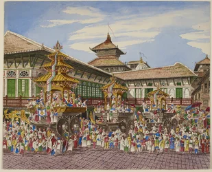 Le Kumari Jatra. Trois chars de temple devant le Hanuman Dhoka, Katmandou