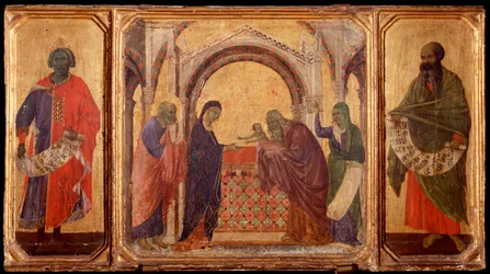 Vie du Christ : Roi Salomon, la présentation au temple, Malachie. Prédelle de La Maestà