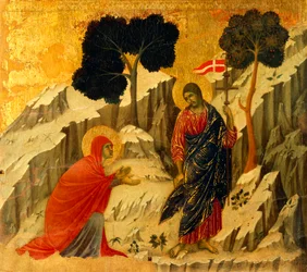 Noli Me Tangere (ne me touche pas), détail de carreau des Épisodes de la Passion et de la Résurrection du Christ, verso de la Maestà du Retable de Duccio dans la cathédrale de Sienne