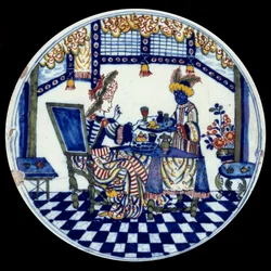 Assiette en porcelaine de Delft représentant une femme à table servie par son domestique noir. 1705, Sèvres, Musée national de la céramique