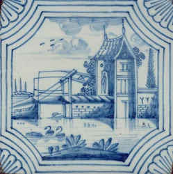 Carreau de Delft montrant un pont-levis sur un canal, XIXe siècle
