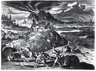 Tremblement de terre à Edo (Tokyo) en 1659, illustration du récit par Arnold Montanus des ambassades envoyées par la Compagnie néerlandaise des Indes orientales à l