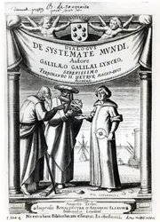 Frontispice du Dialogus De Systemate Mundi par Galilée (1564-1642), publié à Leyde en 1635
