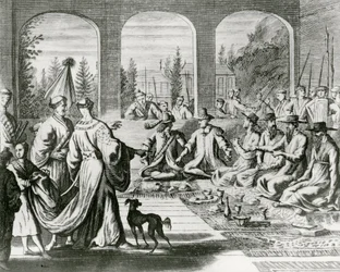 Jésuites avec des marchands néerlandais et portugais à la cour japonaise, vers 1670 (gravure)