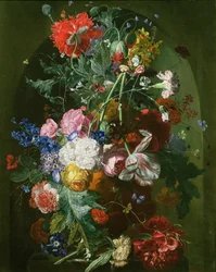 Nature morte de fleurs dans un vase en terre cuite dans une niche