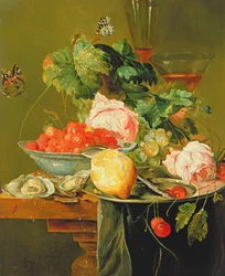 Nature morte de roses, huîtres, fraises dans un bol en porcelaine et autres fruits sur un étain, c.1820