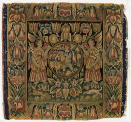 Tapisserie, Samson et le Lion dans un médaillon suspendu par deux anges, fabriquée à Amsterdam, Hollande ou Hambourg, Allemagne, début du XVIIe siècle