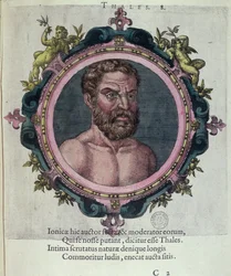 Thalès de Milet (c.625-547 av. J.-C.), illustration de Veterum et Recentium Medicorum Philosophorumque Icones par Johannes Sambucus (1531-1584), publiée par Plantin à Anvers en 1574 (gravure en couleur)