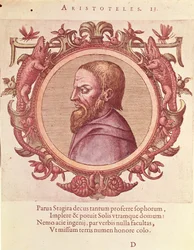 Le philosophe Aristote (384-322 av. J.-C.), illustration de Veterum et Recentium Medicorum Philosophorumque Icones par Johannes Sambucus (1531-1584), publiée par Plantin à Anvers en 1574 (gravure en couleur)