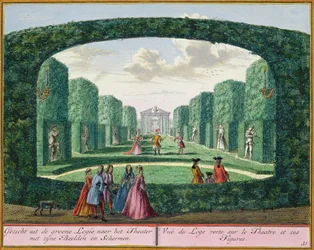 Vue de la loggia verte vers le théâtre, de Het Zeganplant Kennemerlant, par Hendrick de Leth et Matthias Brouerius Van Nidek, publié c.1700-1730