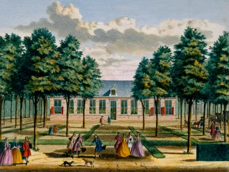 Vue de la maison Jagerlust, de Het Zeganpralent Kennemerlant par Hendrick de Leth et Matthias Brouerius Van Nidek, publié vers 1700-1730