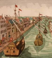Vue de la porte Kettel à Delft, détail des navires sur le canal du port (détail)
