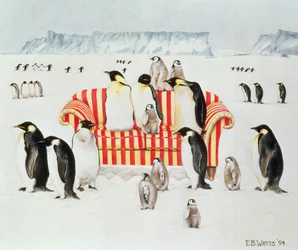 Pingouins sur un canapé rouge et blanc, 1994
