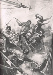 Les Anglais repoussant les Espagnols à San Juan de Ulua, illustration de 